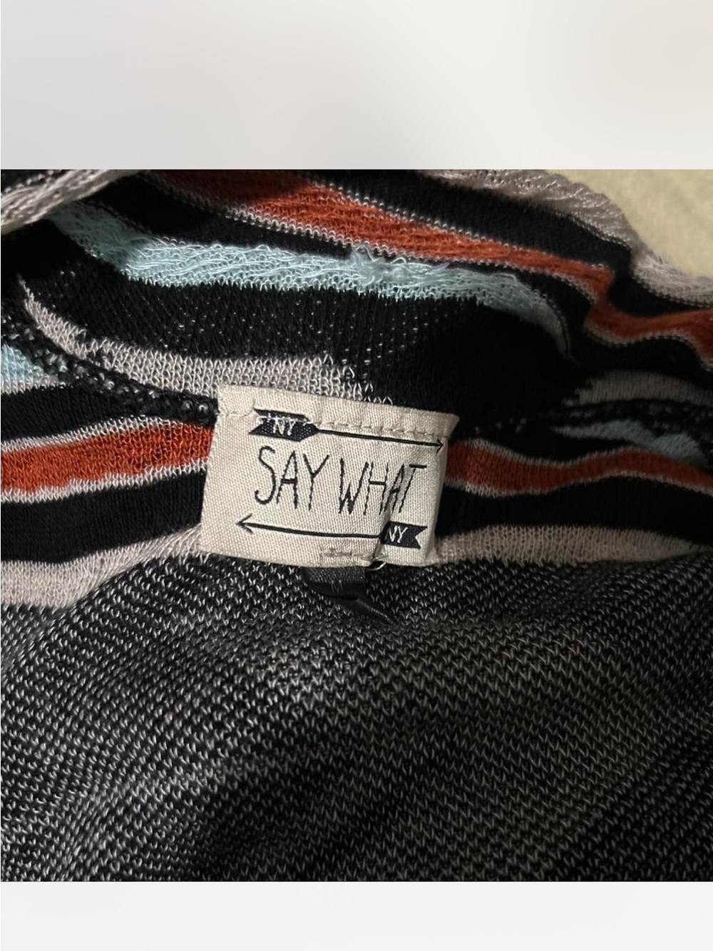 Say What? Black Striped Knit Top with Rust & Light Blue